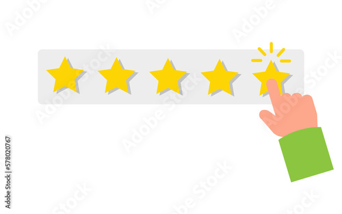 Hand evaluates application on 5 points. 5 gold stars, the highest score. High app rating, flat vector illustration on white background. Positive customer reviews feedback. People leave feedback. 