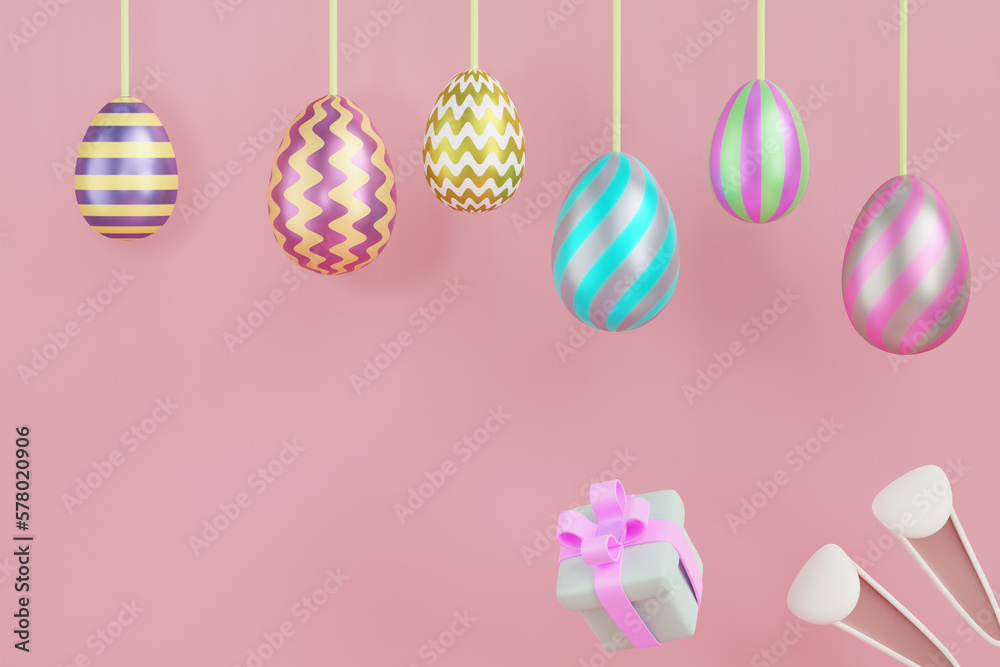 Easter decor hanging on threads on a pink background. Copy space 3D rendering