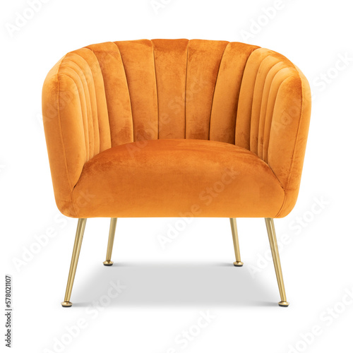 Photo Orange quilted fabric classical art deco style armchair on decorative brass legs isolated on white background with clipping path
