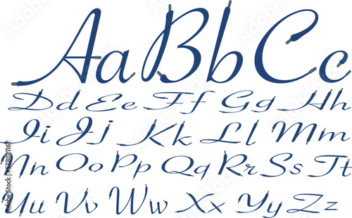 Blue Sport alphabet formed by shoe lace. Vector handwritten script font can be used for workout labels, race headlines, fitness posters, delivery cards. Alphabet fonts set.