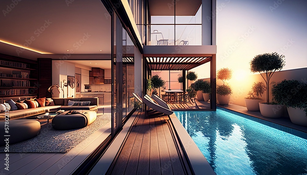 Image showcasing Generative AI, stunning luxury penthouse terrace with a swimming pool ...