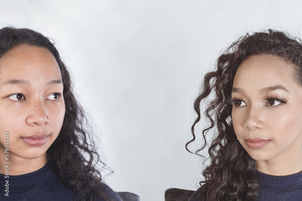 A before and after result of a young asian fashion model. Split face - no makeup on the left, full makeup, lashes and hairstyle on the right. HMUA makeover concept. A before and after result of a young asian fashion model. Split face - no makeup on the left, full makeup, lashes and hairstyle on the right. HMUA makeover concept.