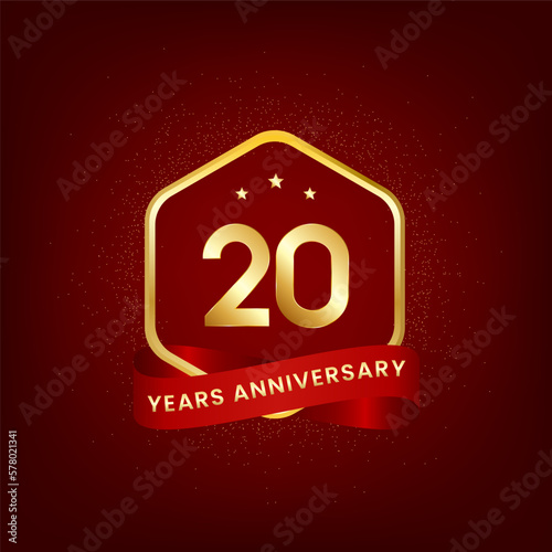 20 years anniversary. Anniversary template design with gold number and red ribbon, design for event, invitation card, greeting card, banner, poster, flyer, book cover and print. Vector Eps10