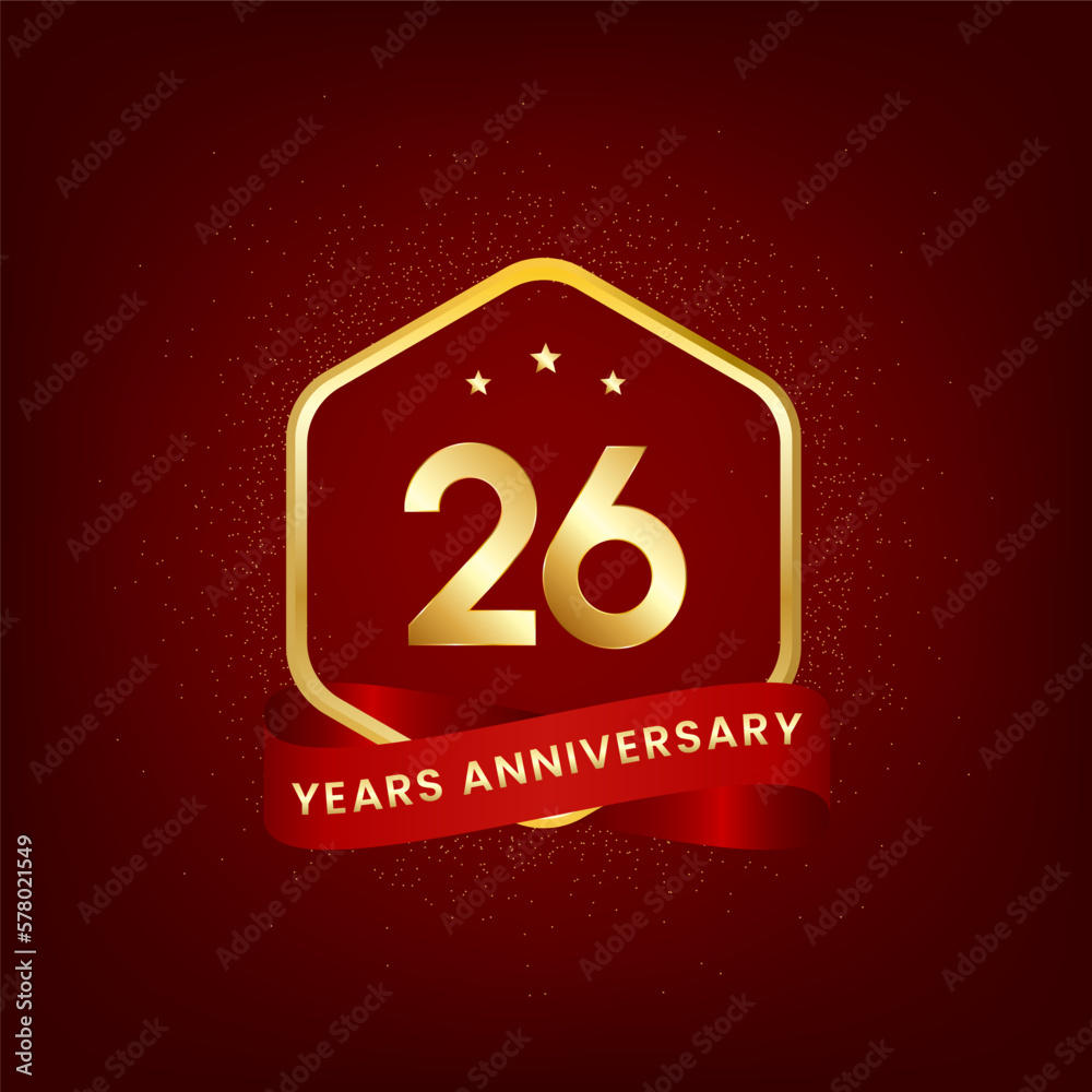 26 years anniversary. Anniversary template design with gold number and red ribbon, design for event, invitation card, greeting card, banner, poster, flyer, book cover and print. Vector Eps10 26 years anniversary. Anniversary template design with gold number and red ribbon, design for event, invitation card, greeting card, banner, poster, flyer, book cover and print. Vector Eps10