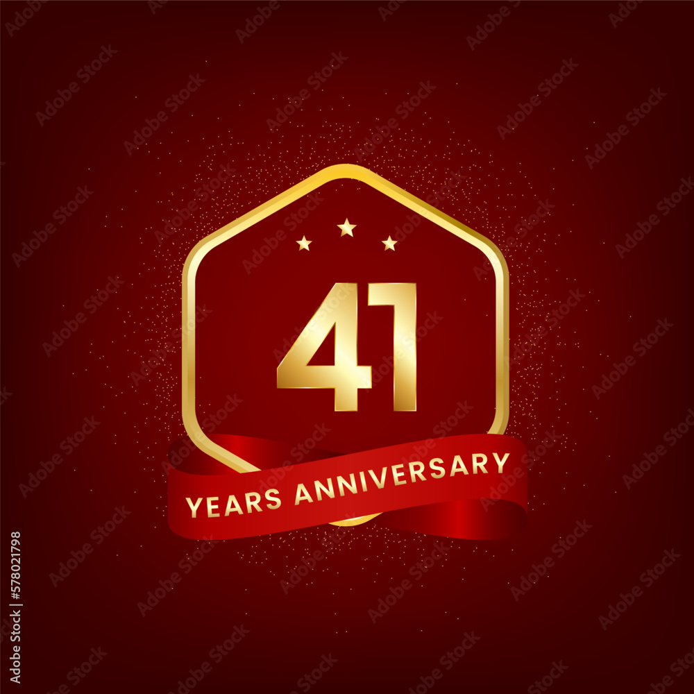 41 years anniversary. Anniversary template design with gold number and red ribbon, design for event, invitation card, greeting card, banner, poster, flyer, book cover and print. Vector Eps10 41 years anniversary. Anniversary template design with gold number and red ribbon, design for event, invitation card, greeting card, banner, poster, flyer, book cover and print. Vector Eps10