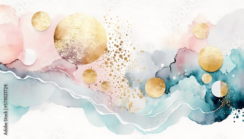 Watercolor overlays in pastel colors and gold foil background, generative AI (ID: 578021724)