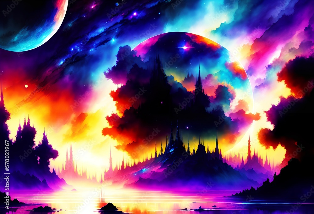 Colorful and psychedelic landscape illustration