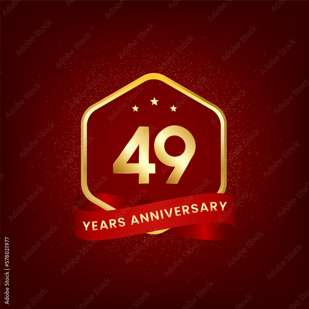 49 years anniversary. Anniversary template design with gold number and red ribbon, design for event, invitation card, greeting card, banner, poster, flyer, book cover and print. Vector Eps10 49 years anniversary. Anniversary template design with gold number and red ribbon, design for event, invitation card, greeting card, banner, poster, flyer, book cover and print. Vector Eps10