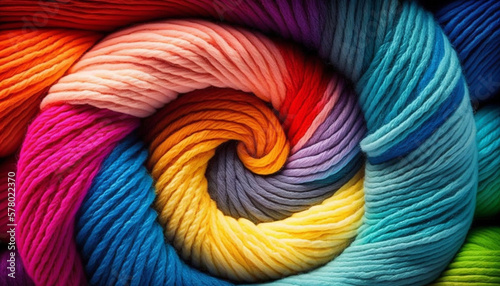 Many colorful Rainbow yarn for knitting. Twisted threads abstract background. Generative AI.