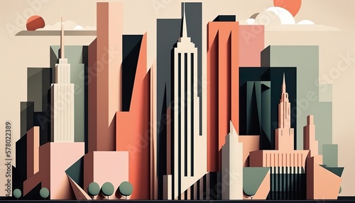 New-York NYC skycrapers modern art deco vector paper cut business illustration design wallpaper background created with generative AI technology