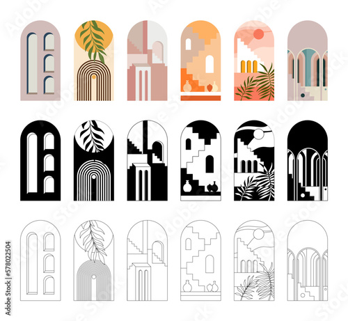 Bohemian architecture in vector isolated on a white background. Interior and decor icons. Houses of Morocco. Abstract drawing of a house with columns. Tropical architecture