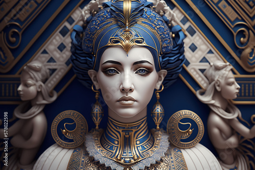Mythological god Isis made mof azulejos white and blue, created with Generative AI photo