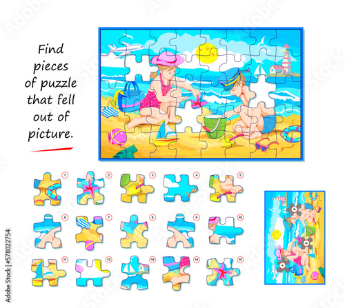 Logic game for children and adults. Find pieces of puzzle that fell out of picture. Page for kids brain teaser book. Task for attentiveness. Developing spatial thinking. Play online. Vector image.