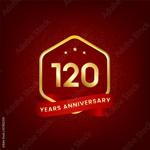 120 years anniversary. Anniversary template design with gold number and red ribbon, design for event, invitation card, greeting card, banner, poster, flyer, book cover and print. Vector Eps10