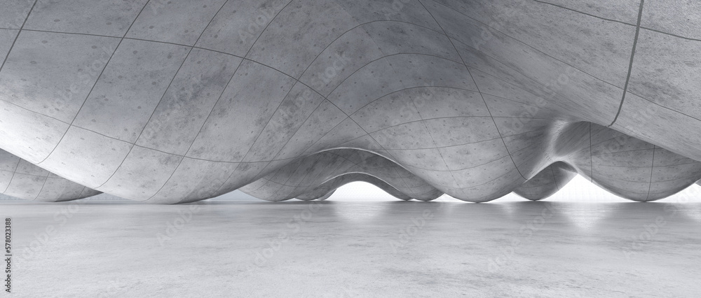 Empty interior floor hall, concrete surface structure Geometric shapes, curves, free form. 3D rendering, 3D illustration. Empty interior floor hall, concrete surface structure Geometric shapes, curves, free form. 3D rendering, 3D illustration.