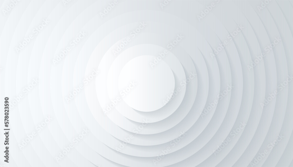 Concentric circles with shadows. Abstract light background. White circulars. Cut out paper. Vector graphic design