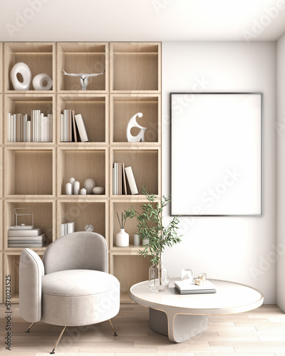 Interior design the apartment living room is modern style, minimal, luxury, and modern, built-in wooden cabinets with interior props, sofa set, carpet, poster frames. 3D rendering, 3D illustration. © DJSPIDA FOTO