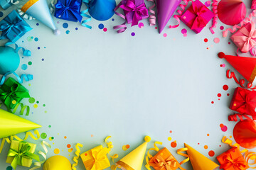 Colorful rainbow birthday party border frame background