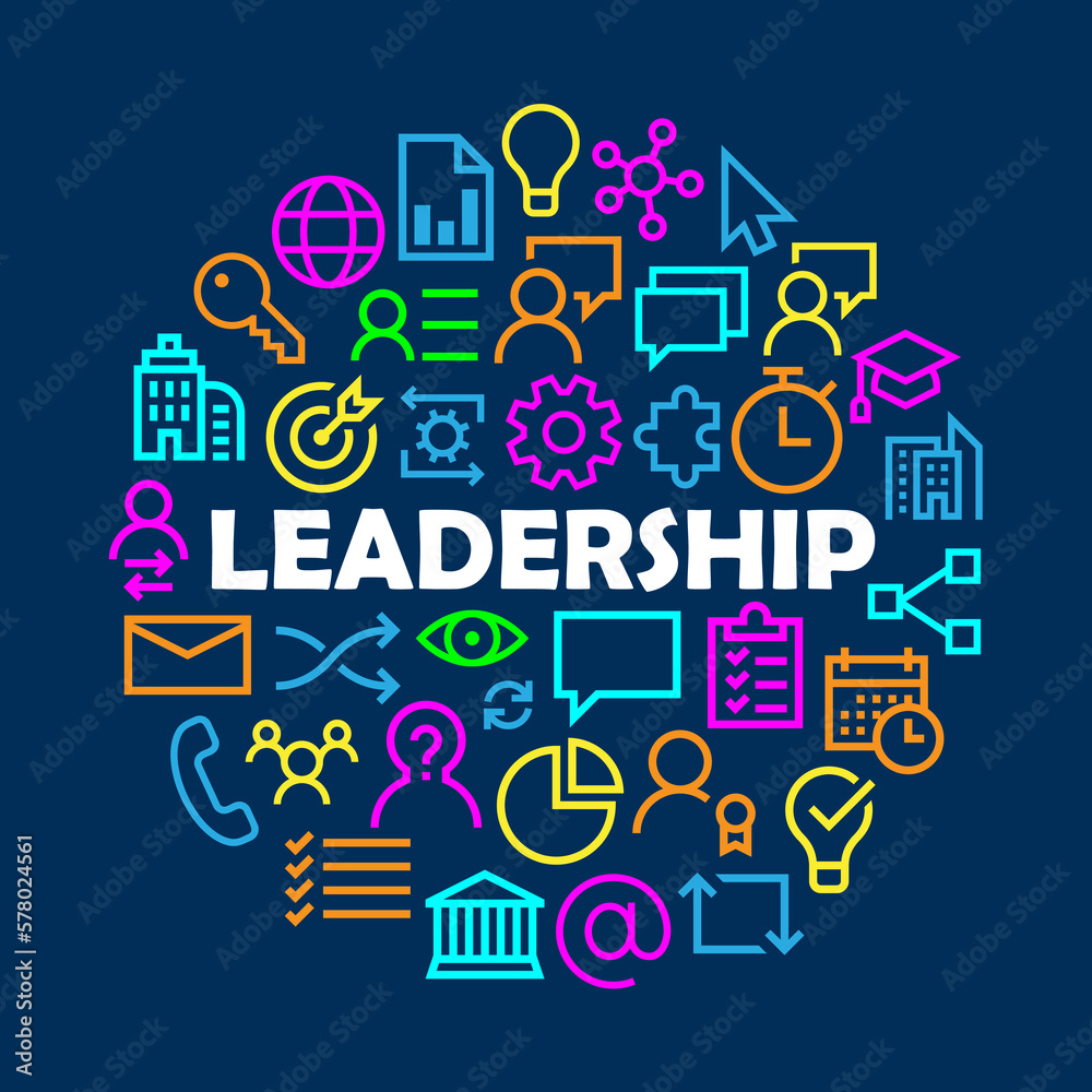 LEADERSHIP with related icons arranged in a circle on dark blue background LEADERSHIP with related icons arranged in a circle on dark blue background