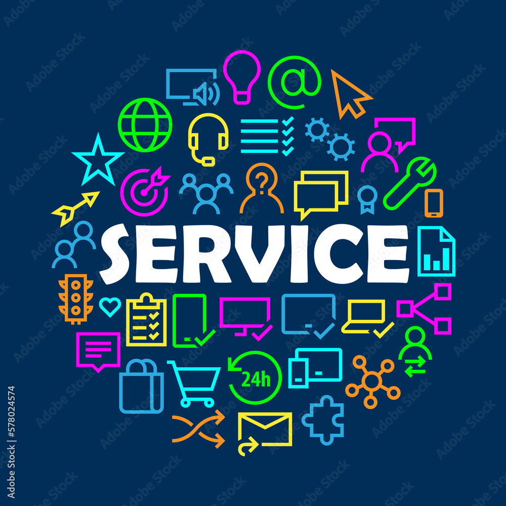 SERVICE with related icons arranged in a circle on dark blue background