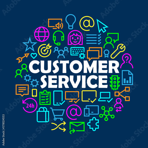CUSTOMER SERVICE with related icons arranged in a circle on dark blue background