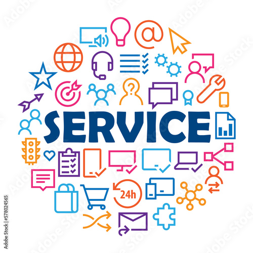 SERVICE with related icons arranged in a circle on white background