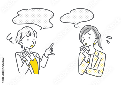 会話をする2人のビジネスウーマン　シンプルでお洒落な線画イラスト