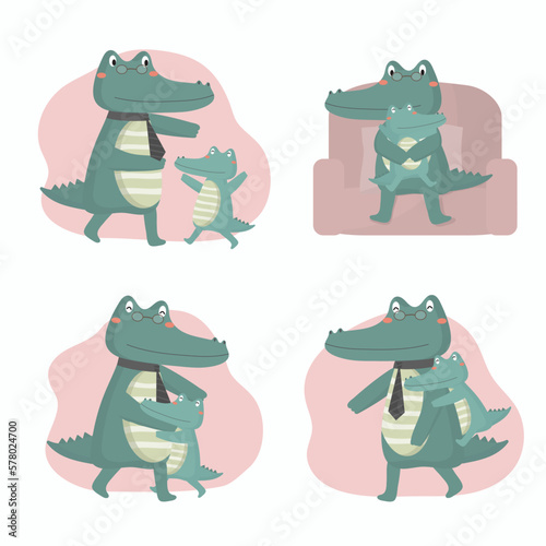 Crocodile dad is happy with his baby on father's day They hugged and played happily.
