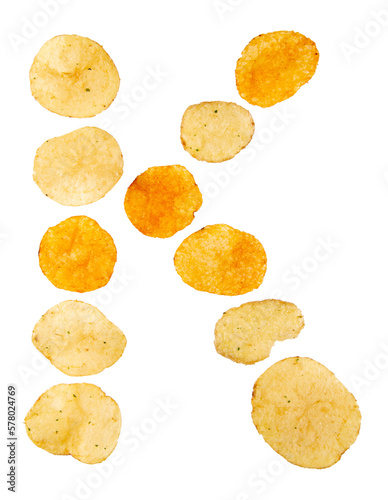 Letter K made of potato chips and isolated on png transparent background. Food alphabet concept. One letter of the set of potato chip font easy to stacking.