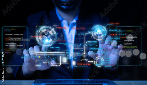 Man works on a HUD Touchscreen Interface, Business and technology concept, Communication network, GUI (Graphical User Interface), Future concept.