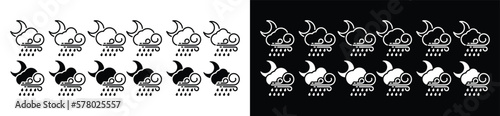 Thunderstorm weather icon set at night. Rainstorm during the evening icons collection. Cloud, moon, rain, and wind in line and flat style icon symbol for apps and websites, vectyor illustration