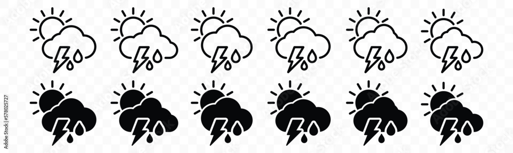 Thunderstorm rain weather icon set during the day. Cloud, sun, rain ...
