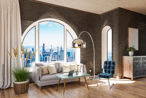 luxurious loft apartment with arched window and panoramic view over urban downtown; noble interior living room design mock up; 3D Illustration photo