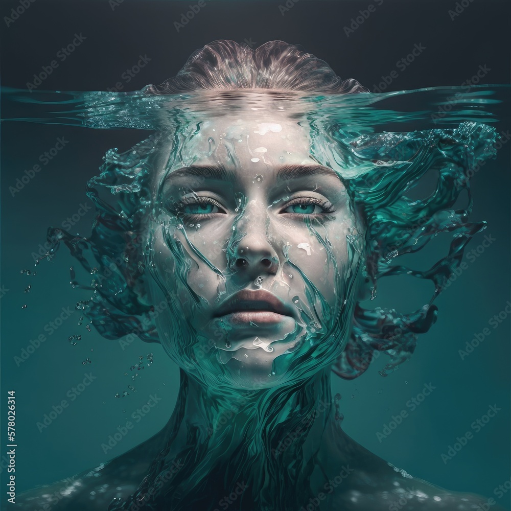 Abstract art in beautiful face woman in underwater seascape concept