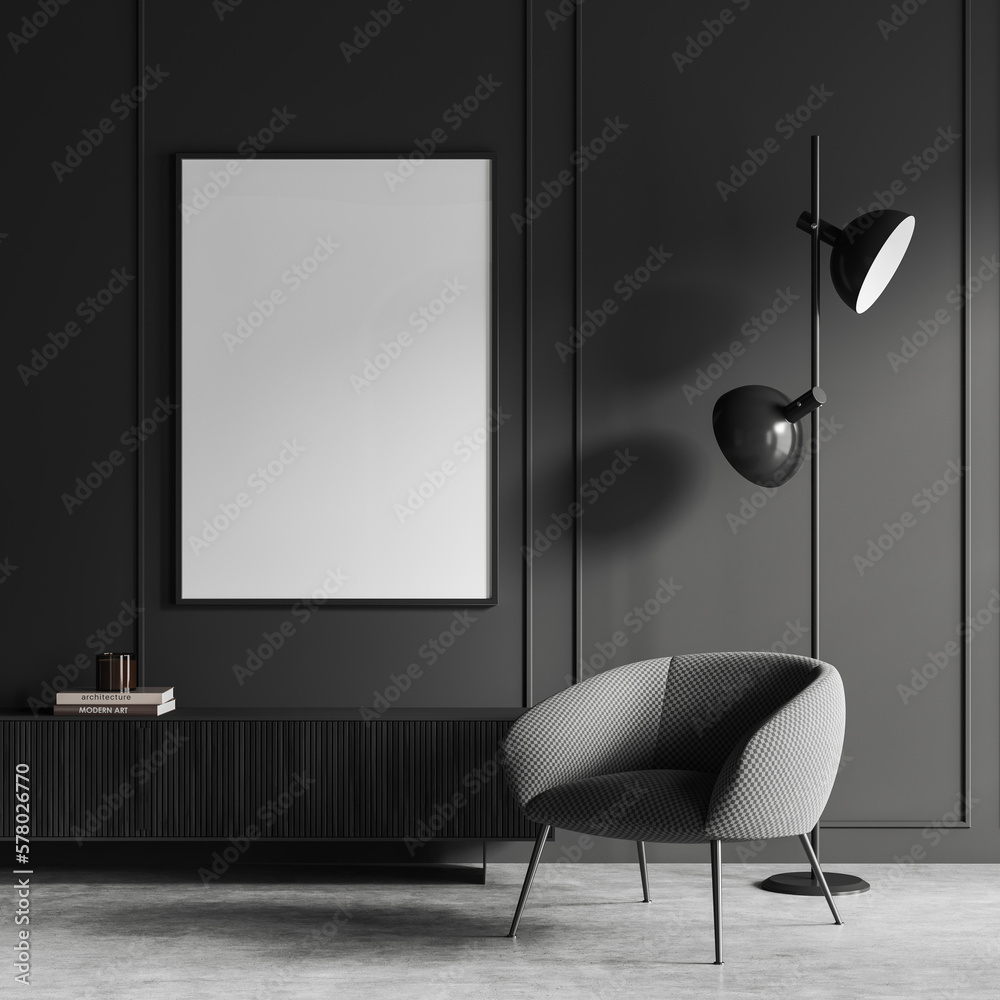 Grey relax room interior with armchair and drawer with decoration, mockup frame - obrazy, fototapety, plakaty 