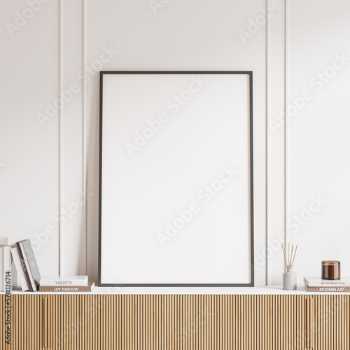 Fototapete Light living room interior dresser with art decoration, mockup frame