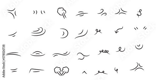 Vector set of hand-drawn cute cartoony expression sign doodle line stroke. movement drawing, curve directional arrows, emoticon effects design elements, cartoon character emotion symbols,