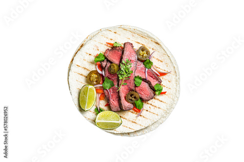 Tacos of mexican beef fajitas alambre with onion, jalapeno and bell pepper. Isolated, transparent background