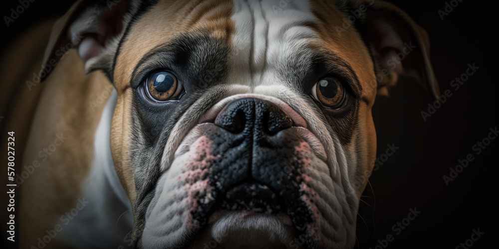 Close-up bulldog face, pet dog (created with Generative AI)