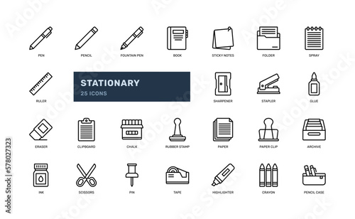 stationary office supply for business education or school detailed outline line icon set