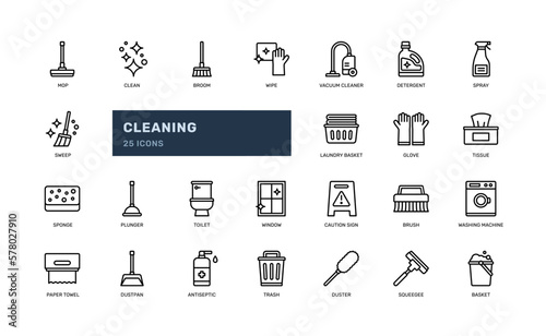 cleaning washing laundry household service for hygiene detailed outline line icon set