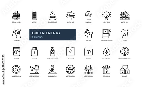 green energy renewable energy for clean global earth day ecology environment detailed outline line icon set