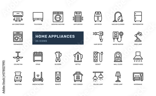 home appliances electronic household furniture for home living detailed outline line icon set
