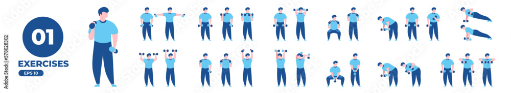 Sport exercises with dumbbells set. Workout and gym. Body health, healthy lifestyle. Man doing fitness activities. Flat style. Modern minimalistic design. Vector illustration eps10.