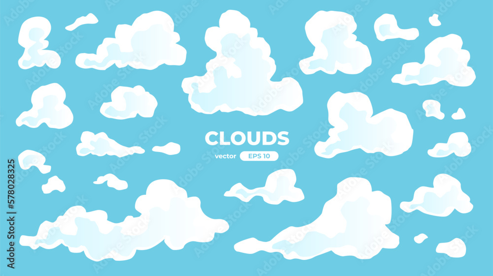 Clouds set isolated on a blue background. Signs and icons collection. Realistic elements. White color. Simple cartoon design. Flat style vector illustration.