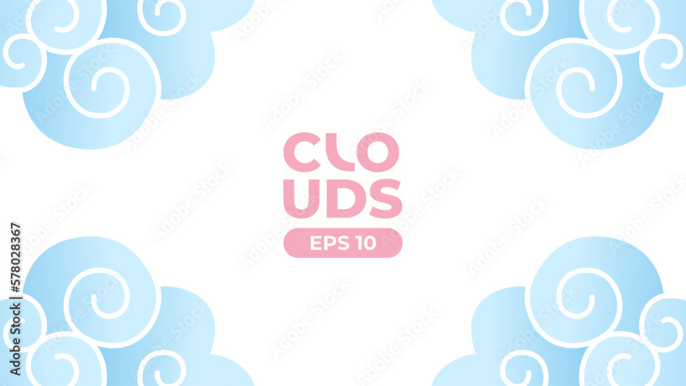 Blue clouds background. Border of clouds. Blue sky. Water waves. Sea or ocean. Layered carve paper, origami. Theatrical scenery. Simple cartoon design. Flat style vector illustration. Blue clouds background. Border of clouds. Blue sky. Water waves. Sea or ocean. Layered carve paper, origami. Theatrical scenery. Simple cartoon design. Flat style vector illustration.