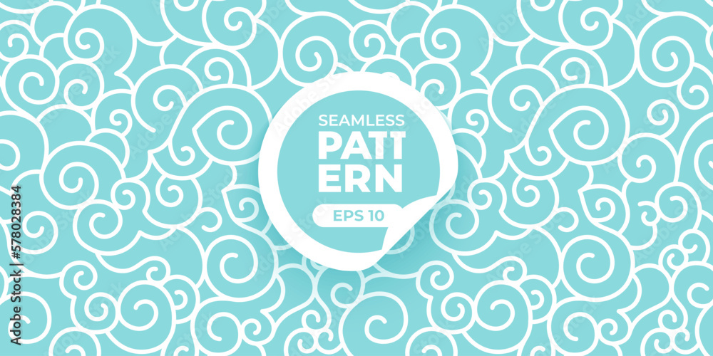 Seamless clouds pattern. Bright colorful background. White, blue, green color backdrop. Water waves. Sea or ocean. Simple cartoon design. Flat style vector illustration.