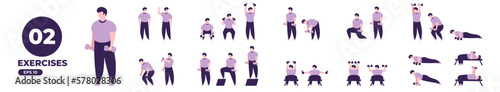 Sport exercises with dumbbells set. Workout and gym. Body health, healthy lifestyle. Man doing fitness activities. Flat style. Modern minimalistic design. Vector illustration eps10.