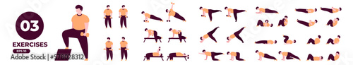 Sport exercises with dumbbells set. Workout and gym. Body health, healthy lifestyle. Man doing fitness activities. Flat style. Modern minimalistic design. Vector illustration eps10.