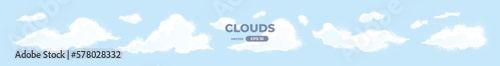 Clouds set isolated on a blue background. Signs and icons collection. Realistic elements. White color. Simple cartoon design. Flat style vector illustration.